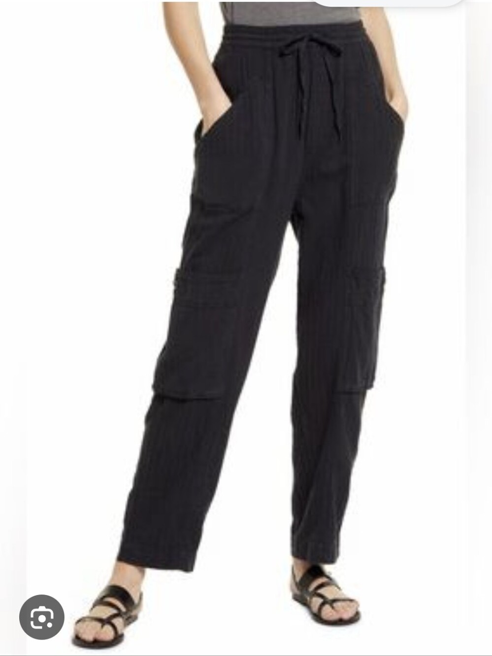 Free People Black Linen Cotton Drawstring Cargo Pants Size Medium